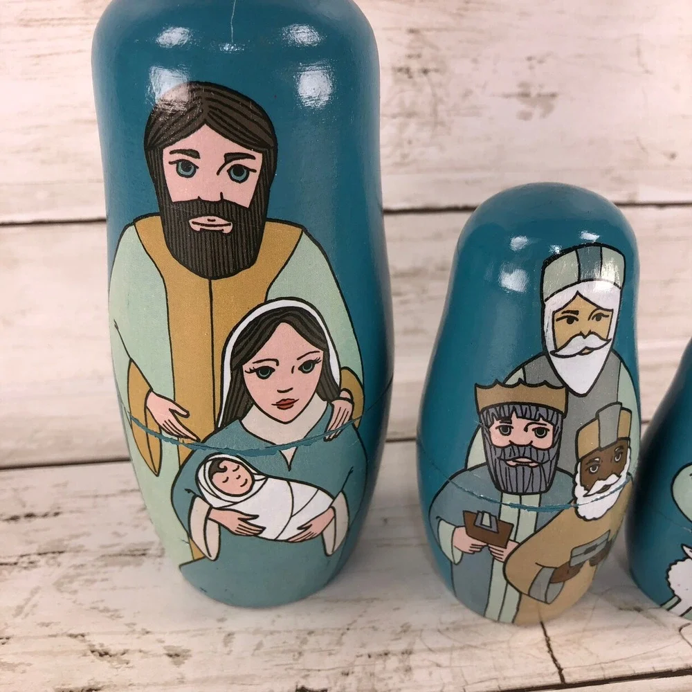 Nativity Nesting Dolls Wooden Matryoshka 5‎ Piece Christmas Set Blue Holy Family